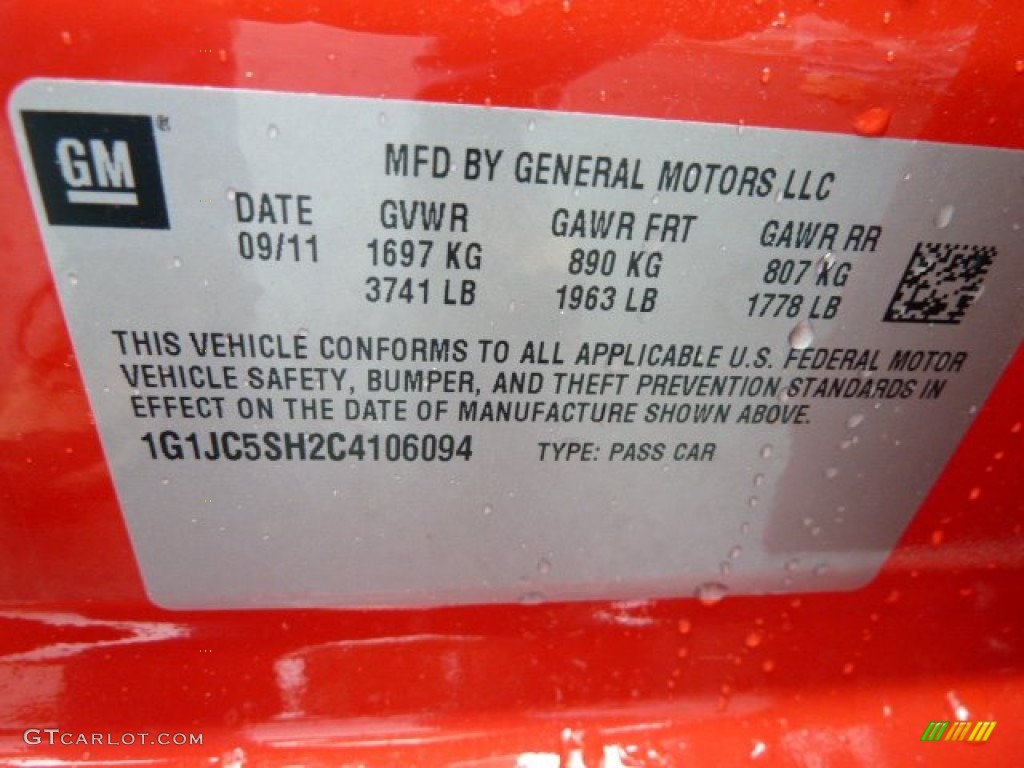 2012 Chevrolet Sonic LT Sedan Info Tag Photo #56641536