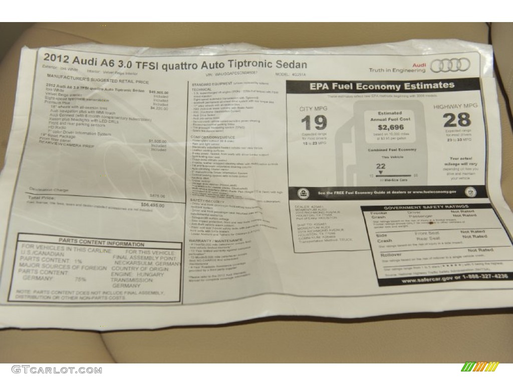 2012 Audi A6 3.0T quattro Sedan Window Sticker Photo #56648412