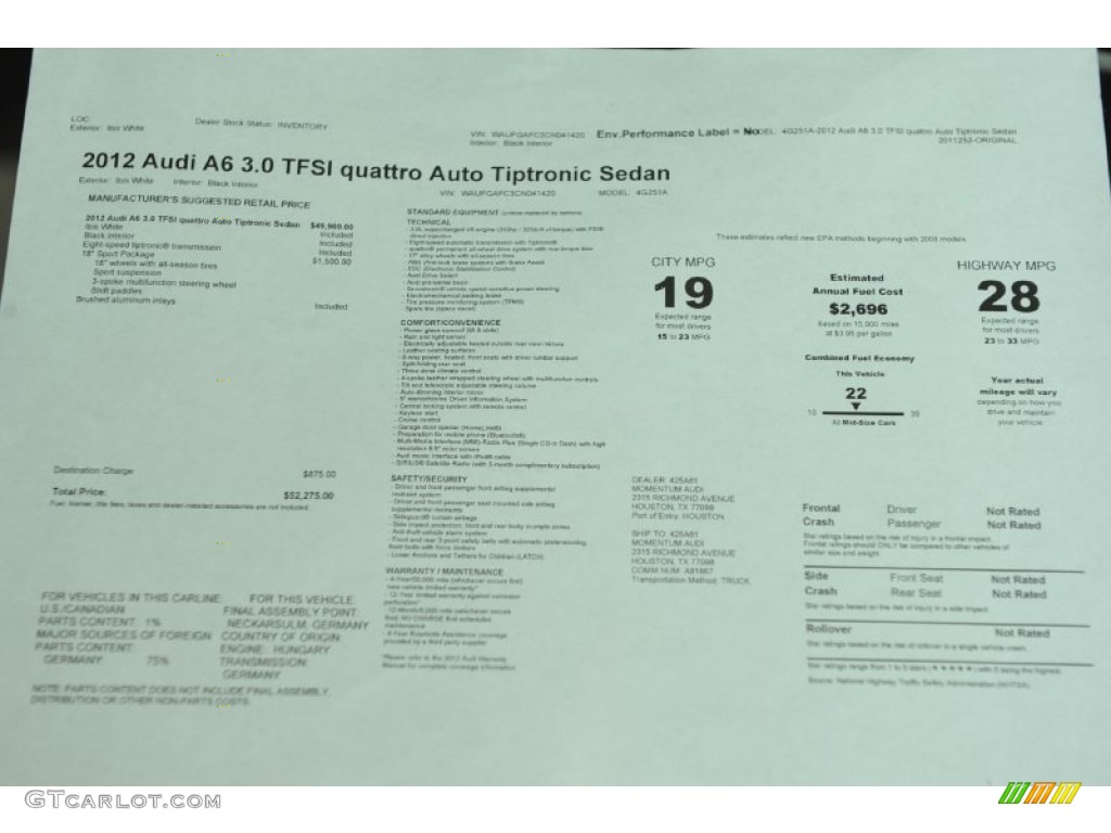 2012 Audi A6 3.0T quattro Sedan Window Sticker Photo #56648745