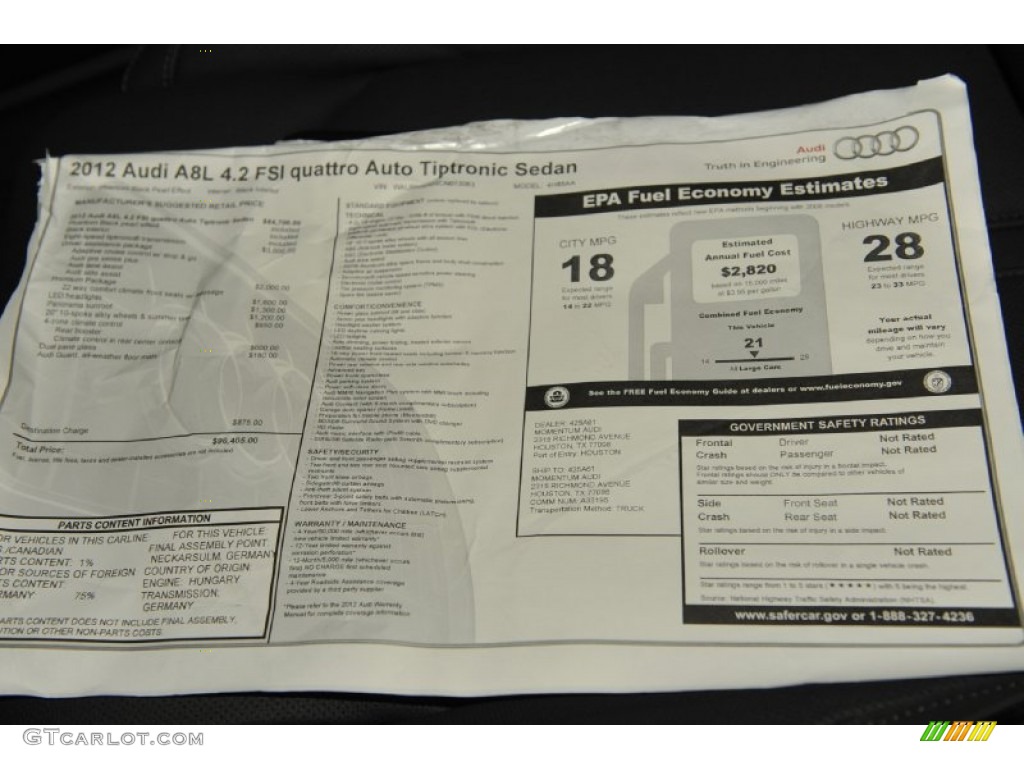 2012 Audi A8 L 4.2 quattro Window Sticker Photo #56649189