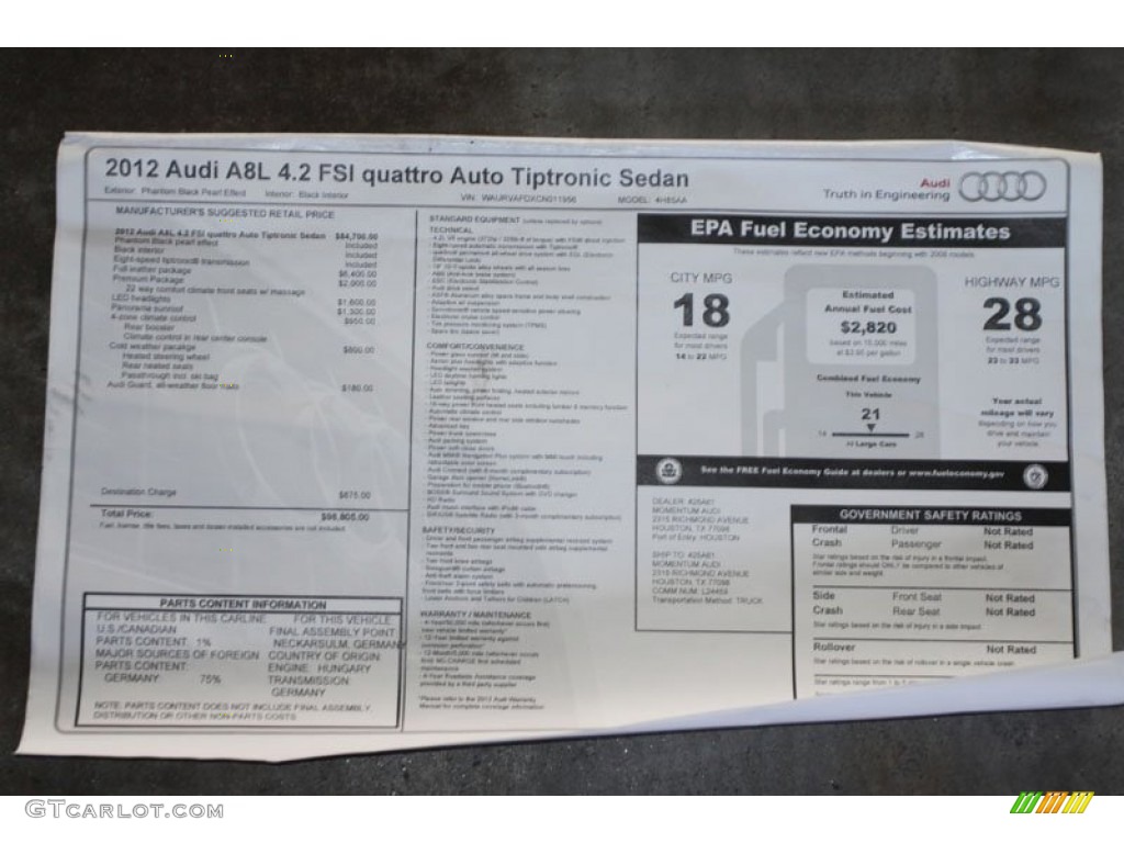 2012 Audi A8 L 4.2 quattro Window Sticker Photo #56649723