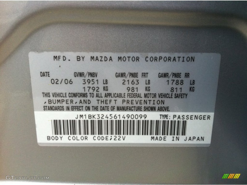 2006 MAZDA3 Color Code 22V for Sunlight Silver Metallic Photo #56650386