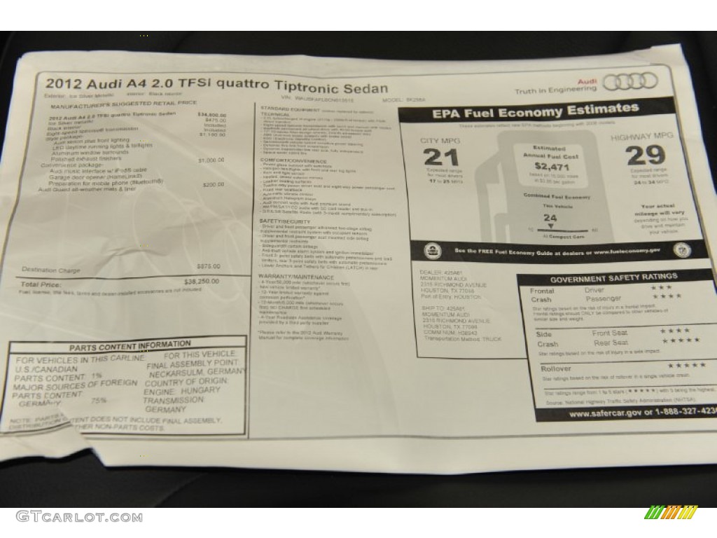 2012 Audi A4 2.0T quattro Sedan Window Sticker Photo #56650581