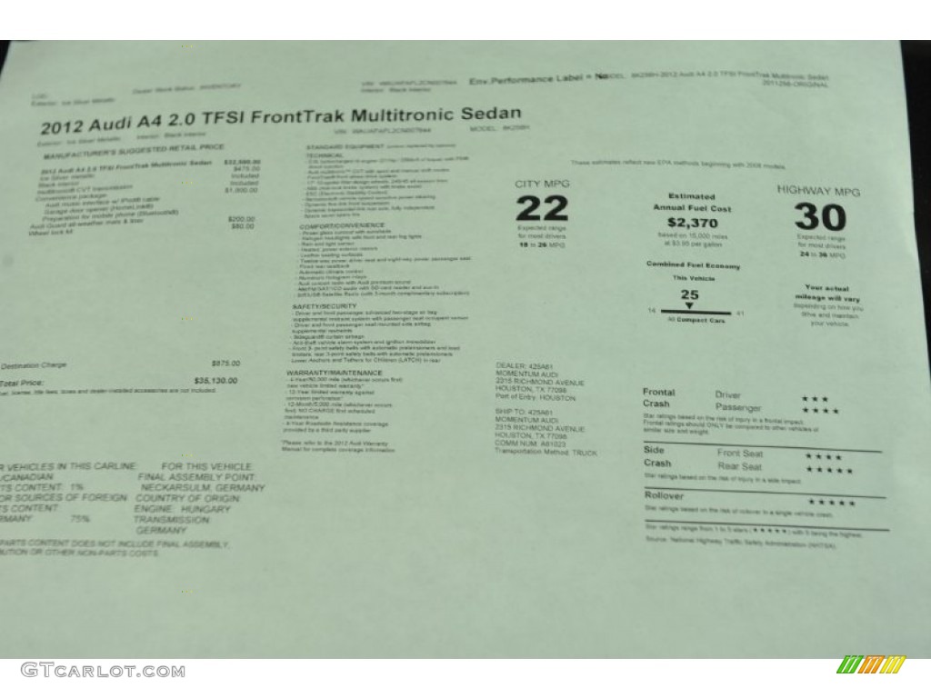 2012 Audi A4 2.0T Sedan Window Sticker Photo #56651769