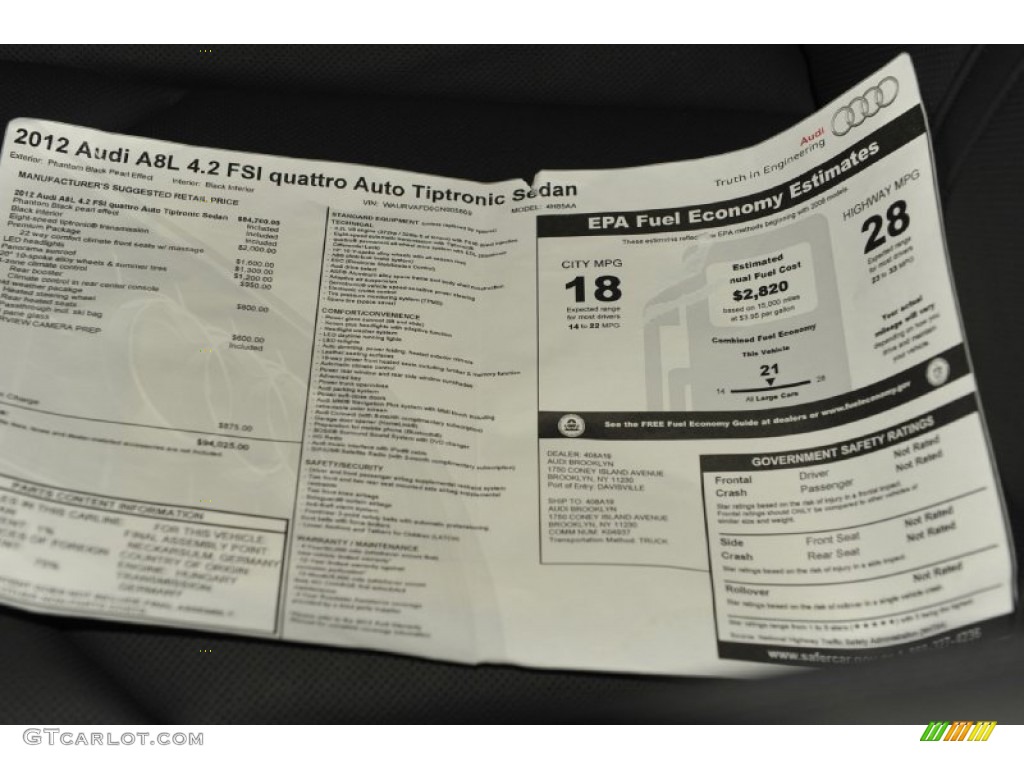 2012 Audi A8 L 4.2 quattro Window Sticker Photo #56652171