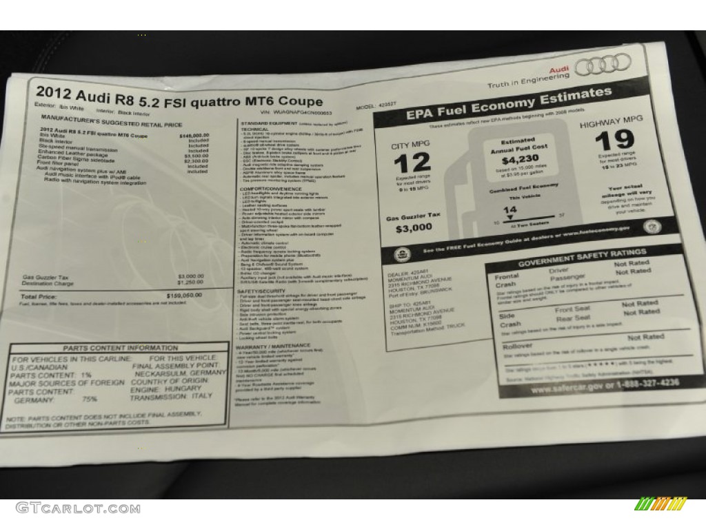 2012 Audi R8 5.2 FSI quattro Window Sticker Photo #56652852