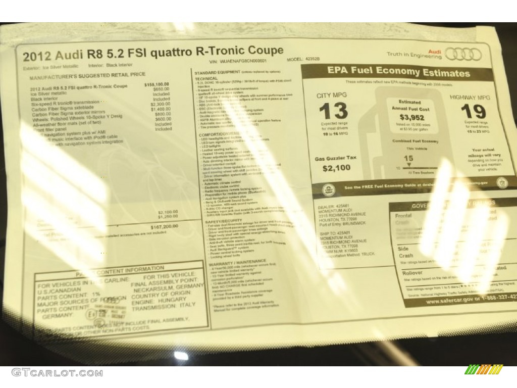2012 Audi R8 5.2 FSI quattro Window Sticker Photo #56653188