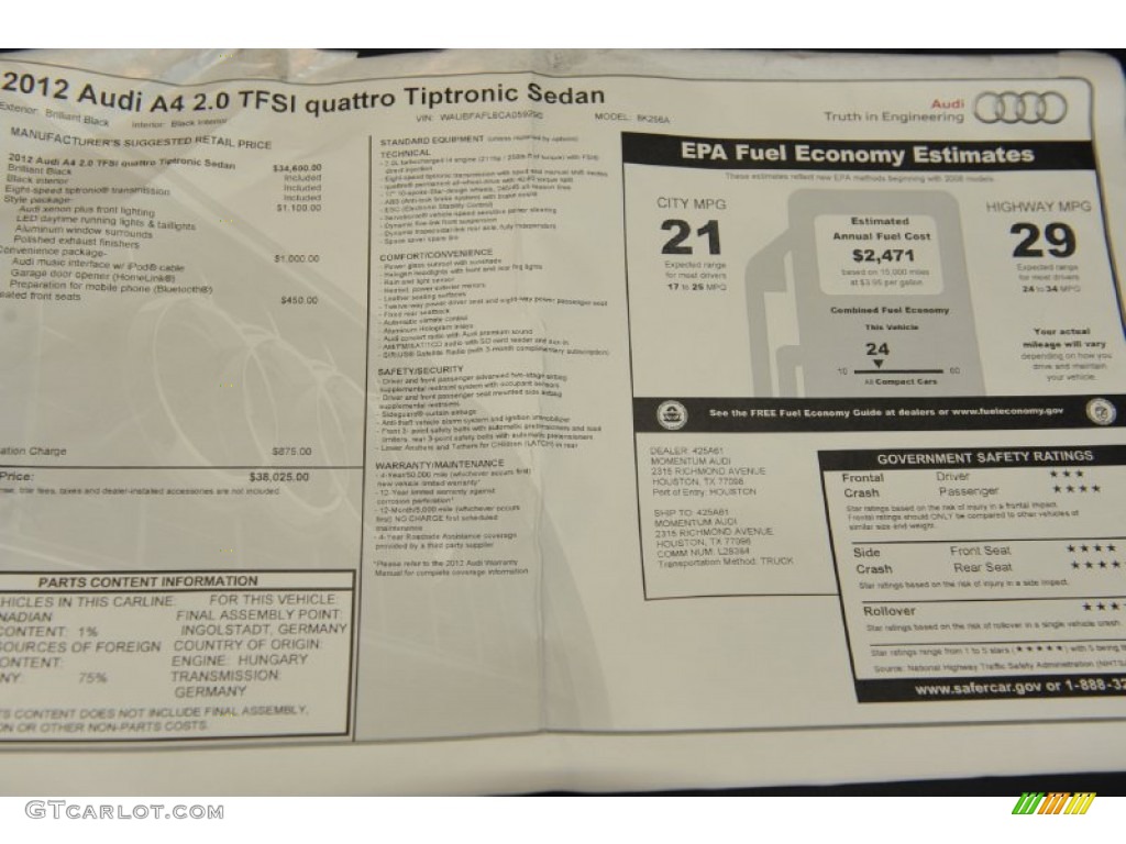 2012 Audi A4 2.0T quattro Sedan Window Sticker Photo #56653860