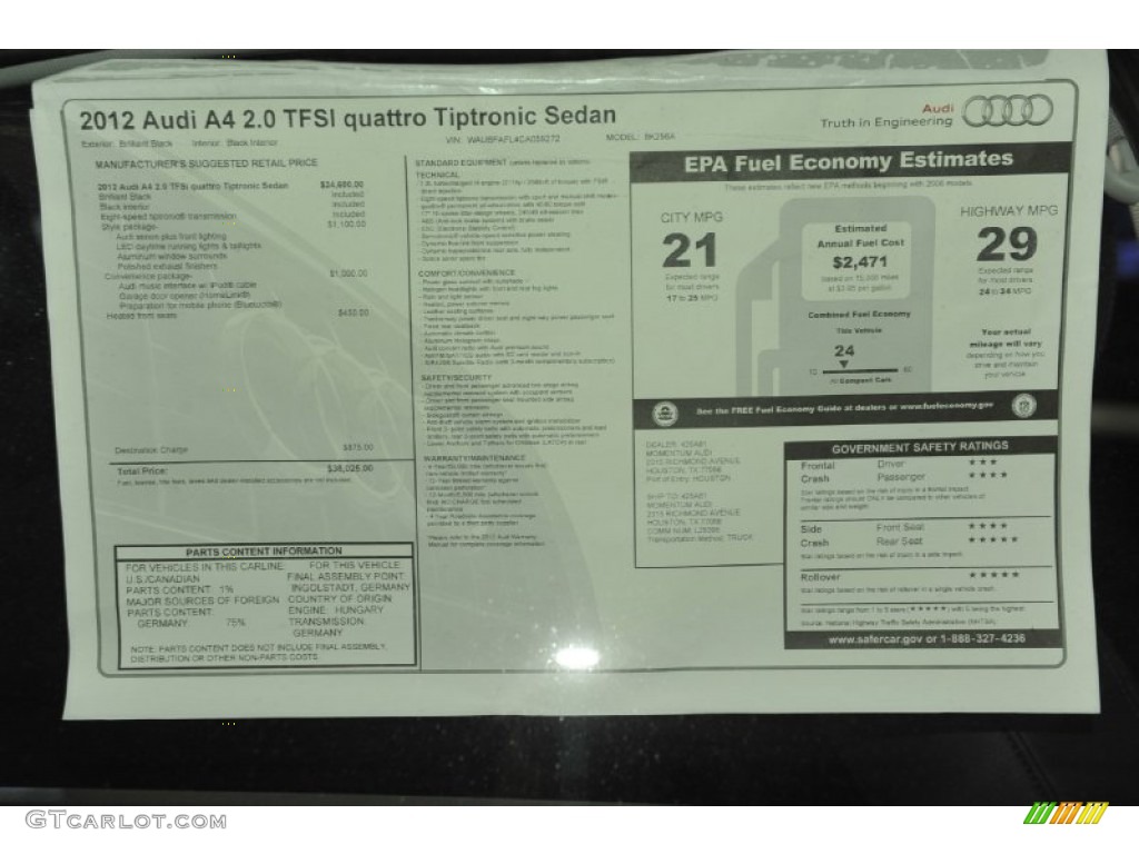 2012 Audi A4 2.0T quattro Sedan Window Sticker Photo #56654082