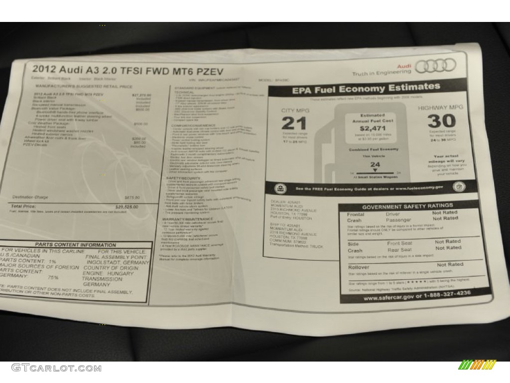 2012 Audi A3 2.0T Window Sticker Photo #56655789
