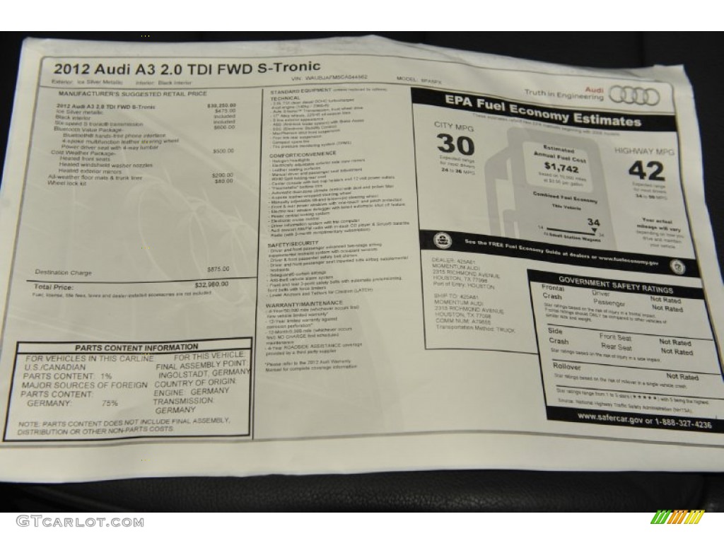 2012 Audi A3 2.0 TDI Window Sticker Photo #56656062