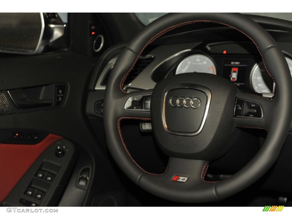 2012 Audi S4 3.0T quattro Sedan Black/Magma Red Steering Wheel Photo #56656341