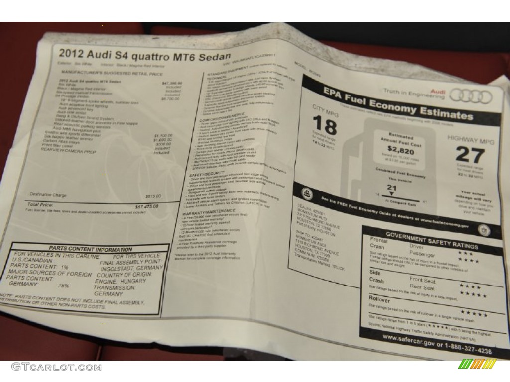 2012 Audi S4 3.0T quattro Sedan Window Sticker Photo #56656404