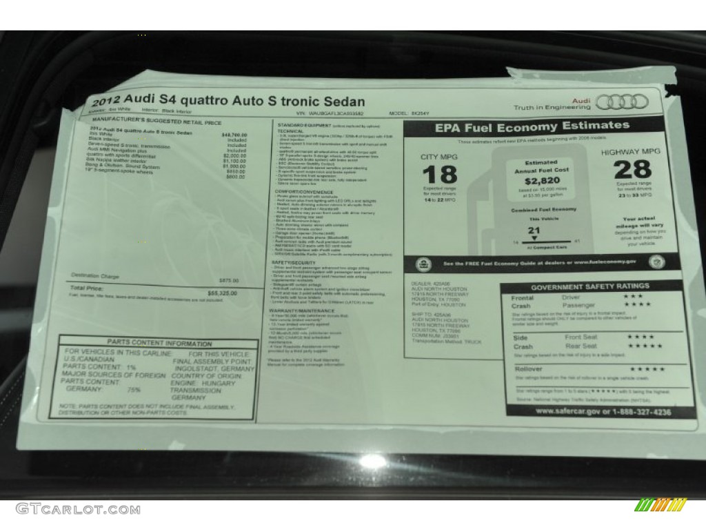 2012 Audi S4 3.0T quattro Sedan Window Sticker Photo #56656725