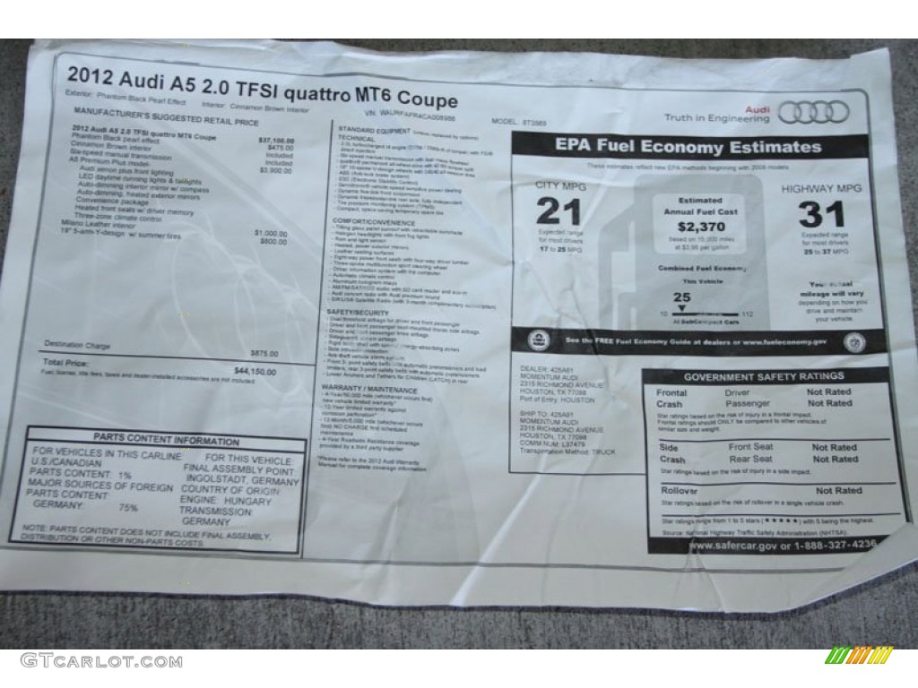 2012 Audi A5 2.0T quattro Coupe Window Sticker Photo #56656968