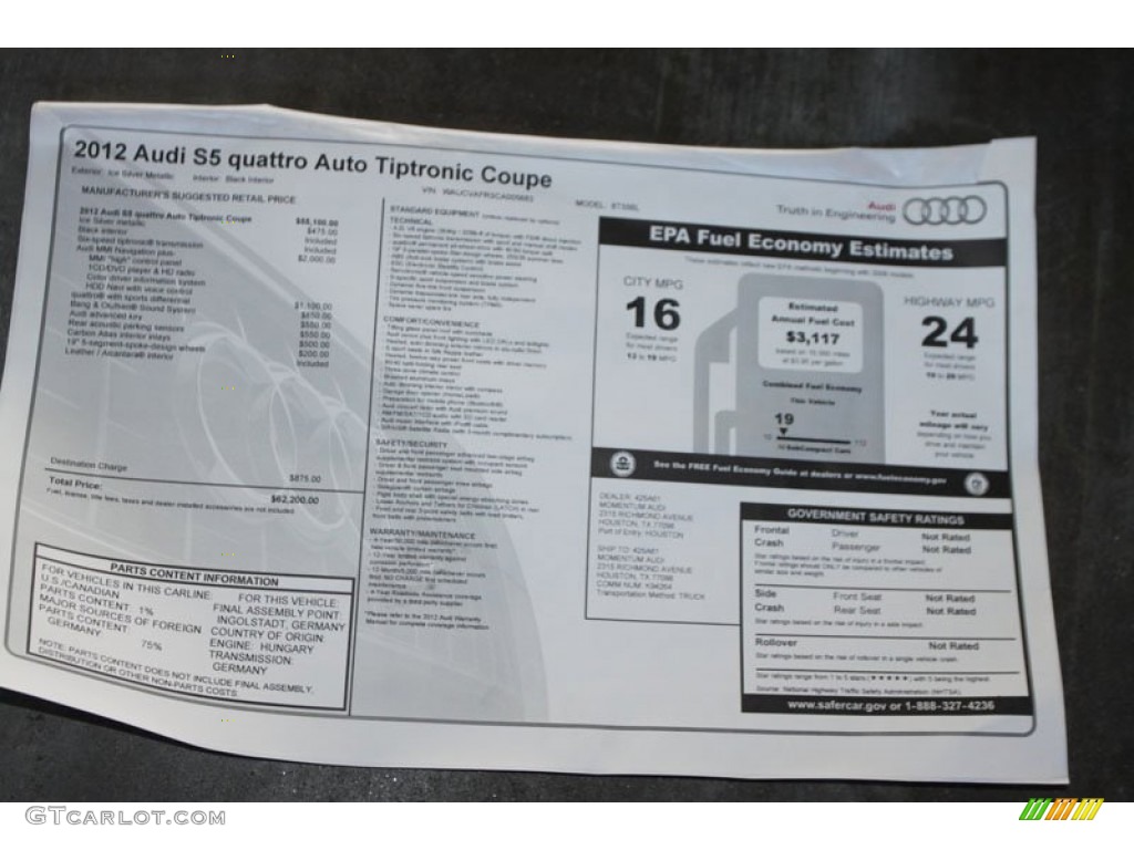 2012 Audi S5 4.2 FSI quattro Coupe Window Sticker Photo #56657205