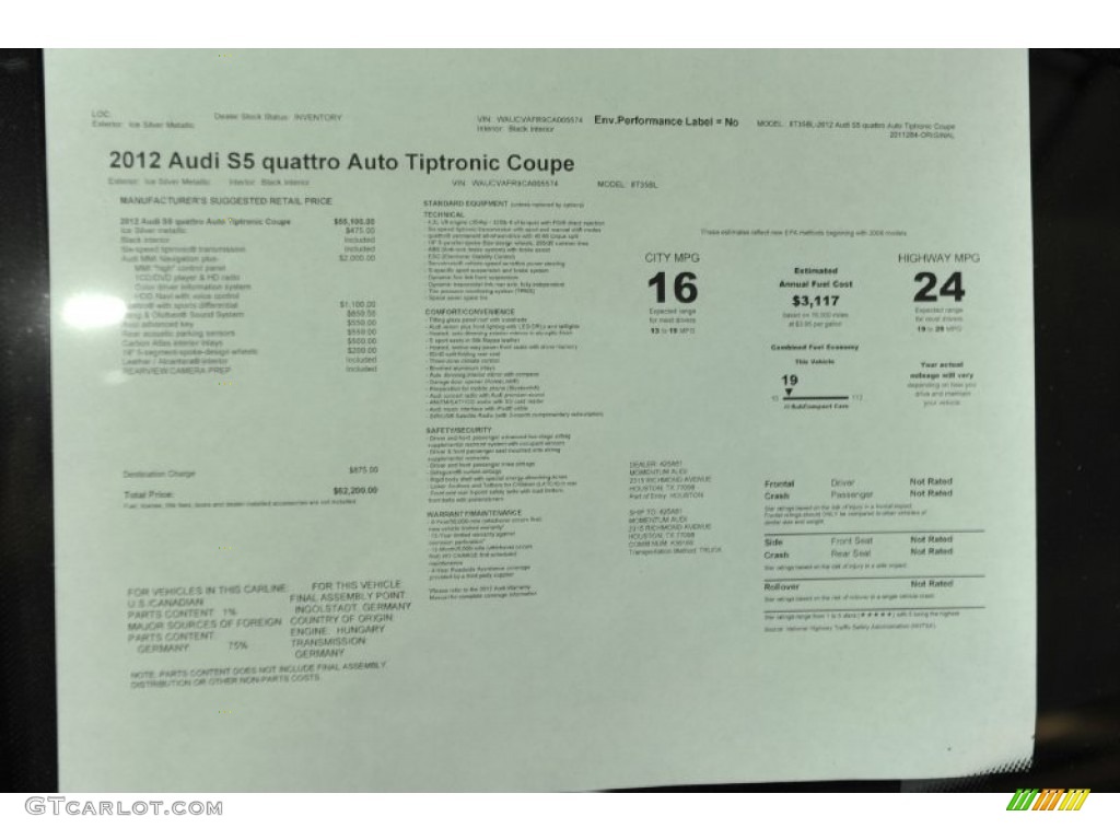 2012 Audi S5 4.2 FSI quattro Coupe Window Sticker Photo #56657562