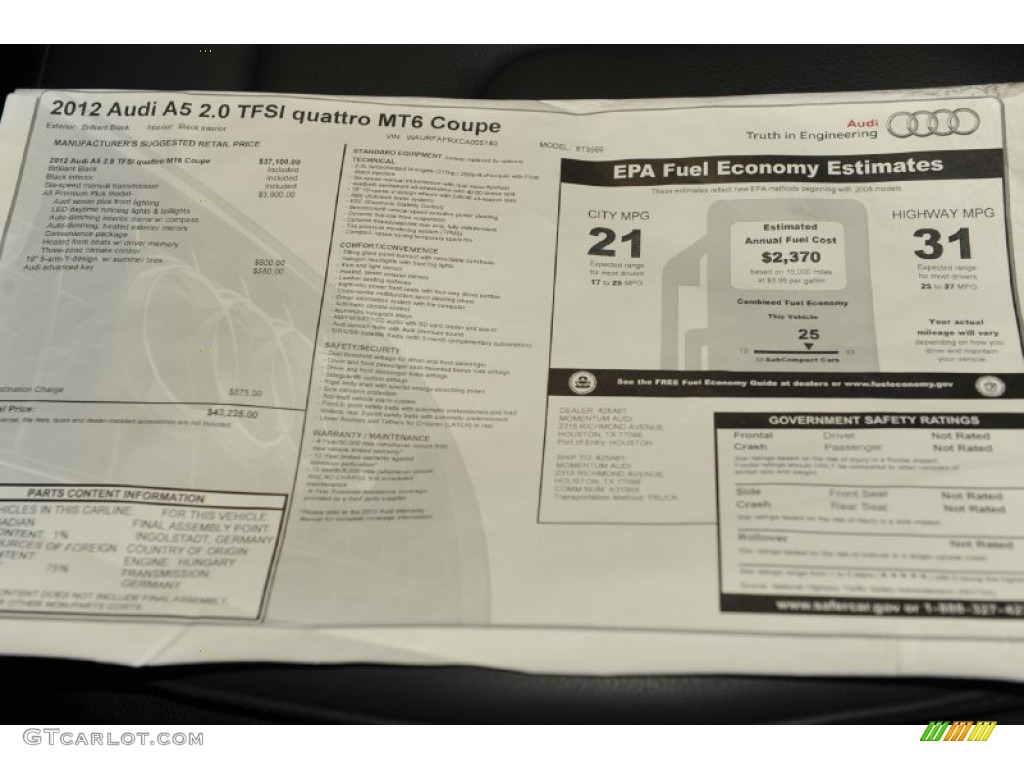 2012 Audi A5 2.0T quattro Coupe Window Sticker Photo #56657847