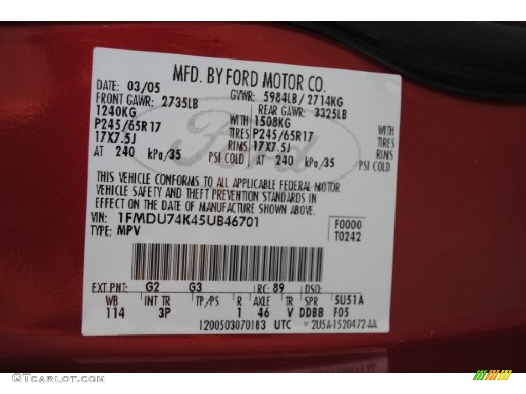 2005 Explorer Color Code G2 for Redfire Metallic Photo #56667015