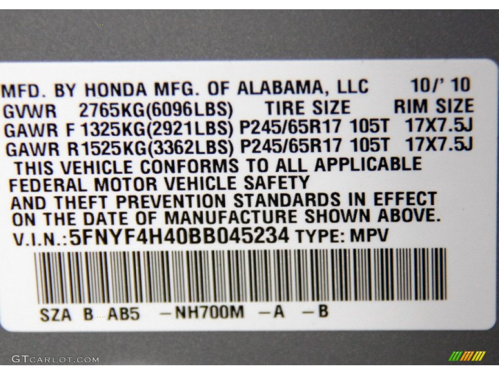 2011 Pilot Color Code NH700M for Alabaster Silver Metallic Photo #56669827