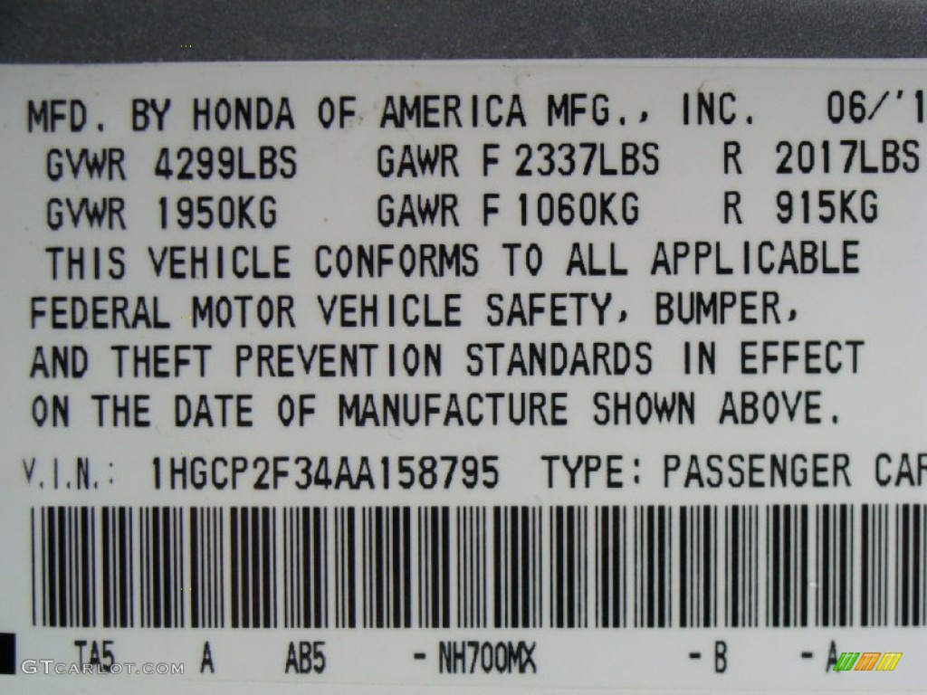 2010 Accord Color Code NH700MX for Alabaster Silver Metallic Photo #56673009