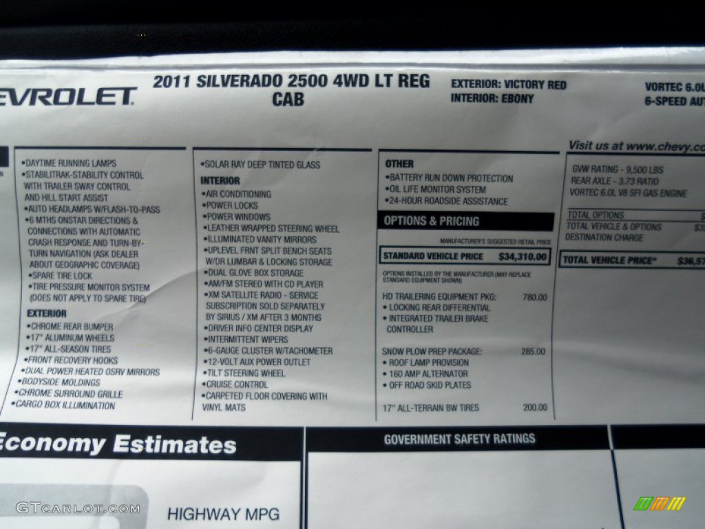 2011 Chevrolet Silverado 2500HD LT Regular Cab 4x4 Window Sticker Photo #56675256
