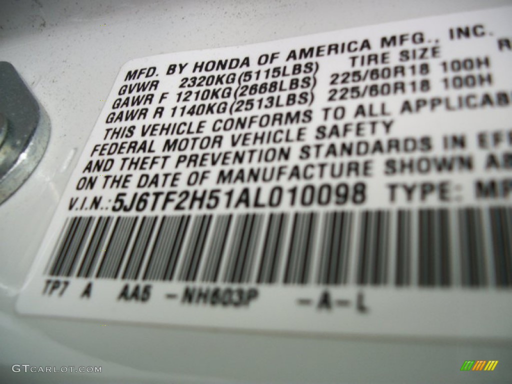 2010 Accord Color Code NH603P for White Diamond Pearl Photo #56683755