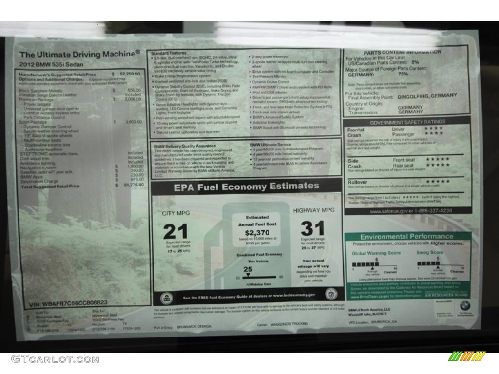 2012 BMW 5 Series 535i Sedan Window Sticker Photo #56698198