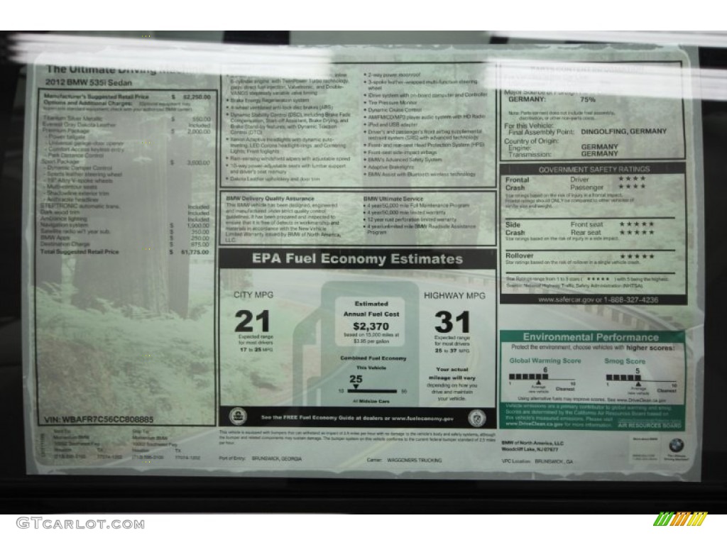 2012 BMW 5 Series 535i Sedan Window Sticker Photo #56705877