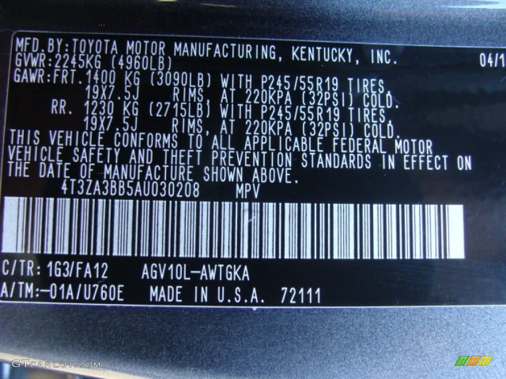 2010 Venza Color Code 1G3 for Magnetic Gray Metallic Photo #56707112