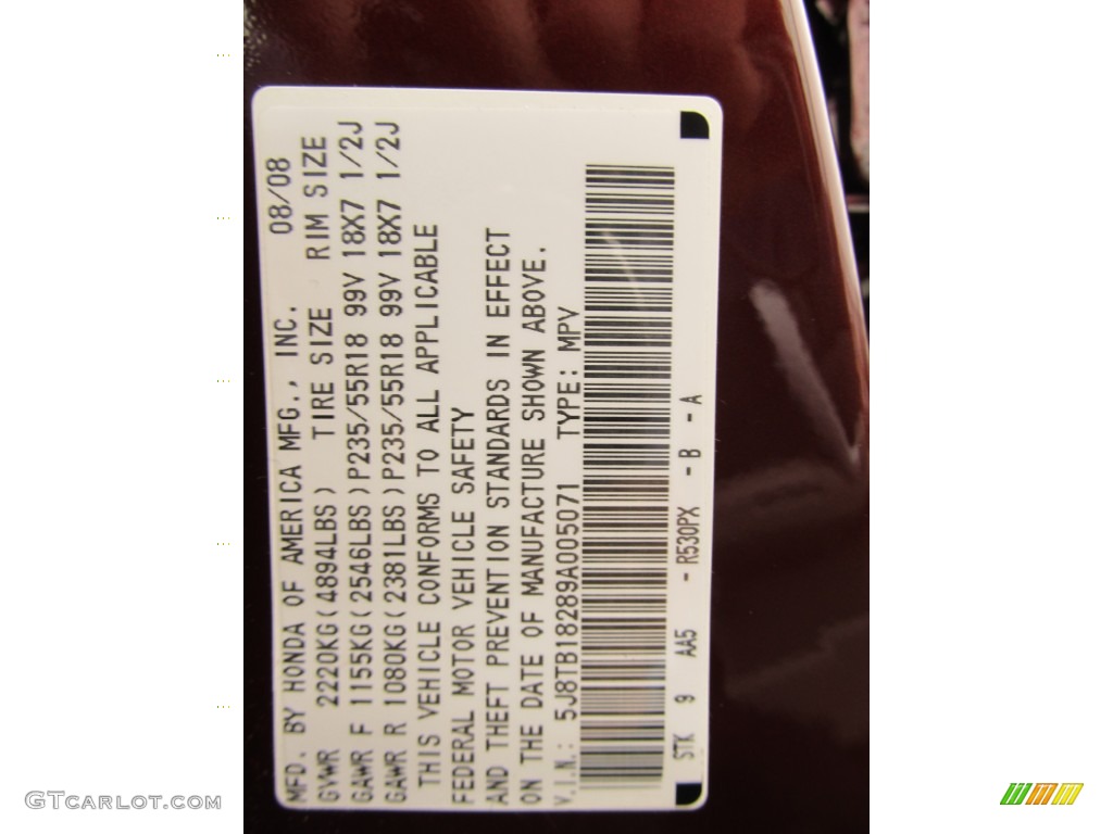 2009 RDX Color Code R530PX for Basque Red Pearl Photo #56708726