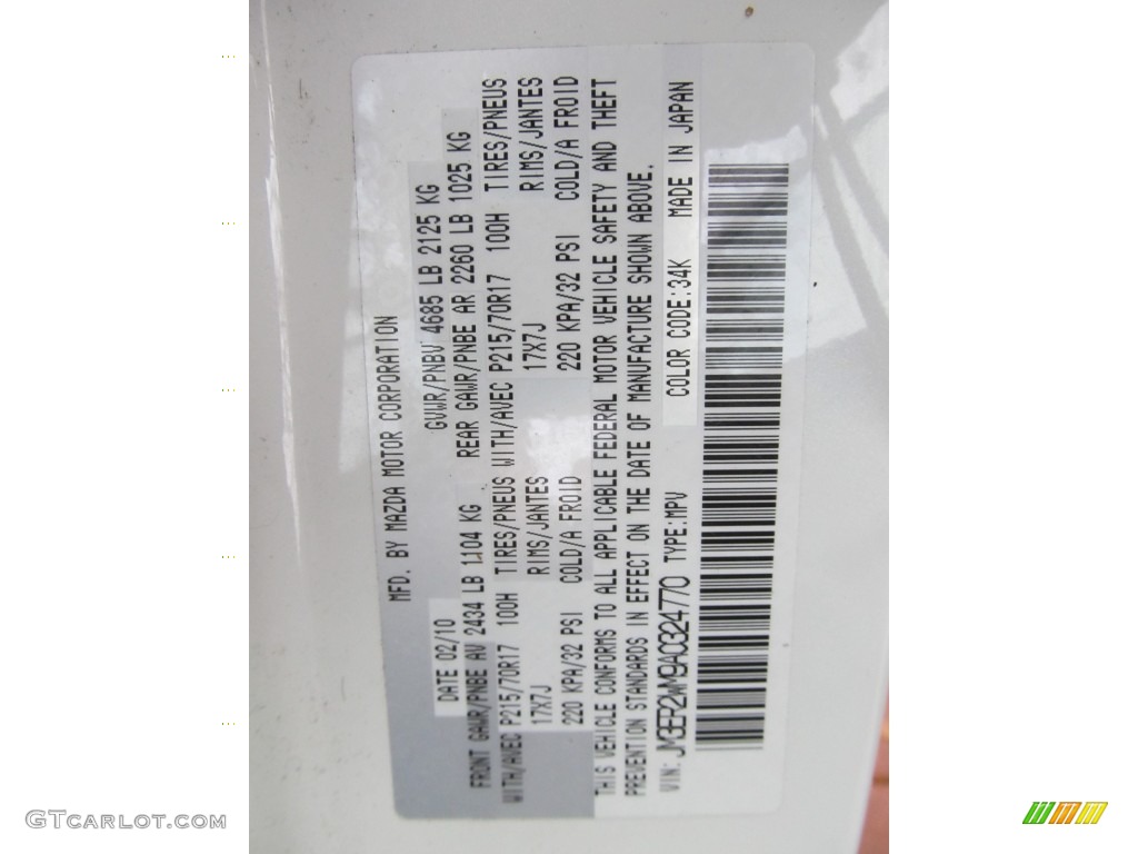 2010 CX-7 Color Code 34K for Crystal White Pearl Mica Photo #56709317