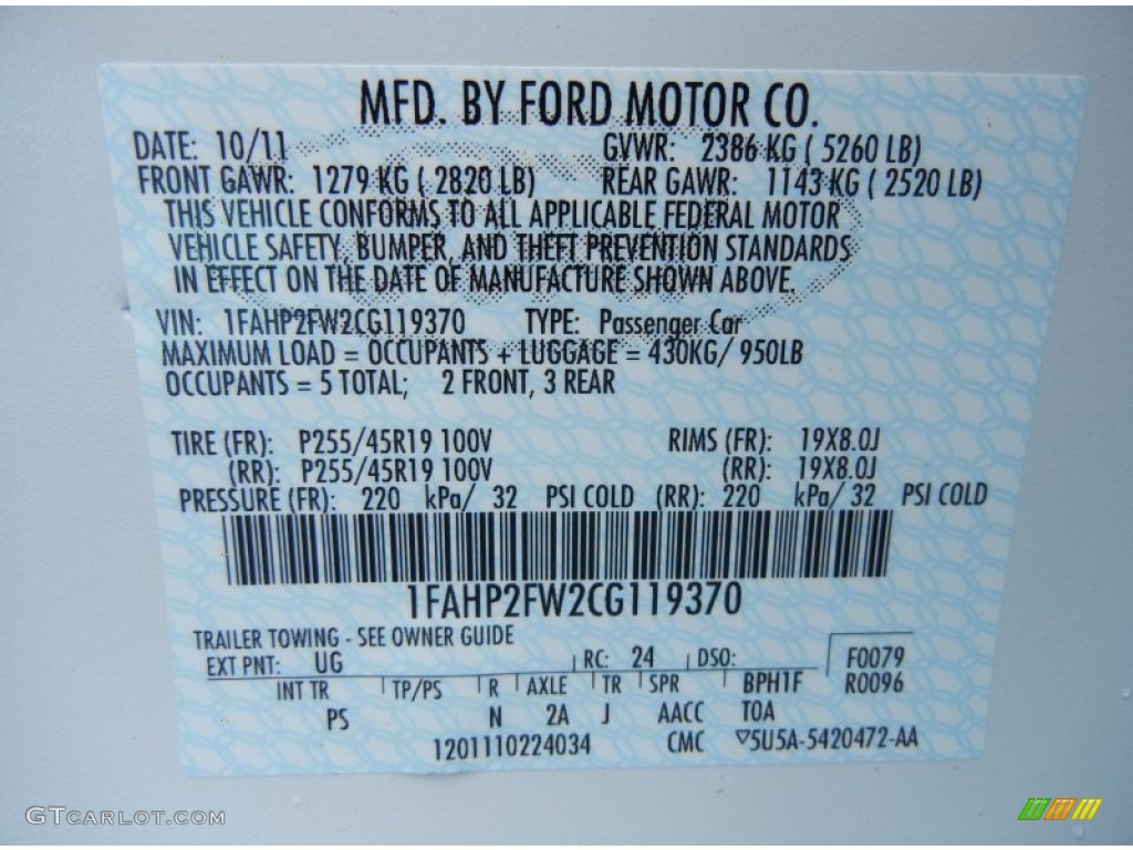 2012 Taurus Color Code UG for White Platinum Tri-Coat Photo #56713625