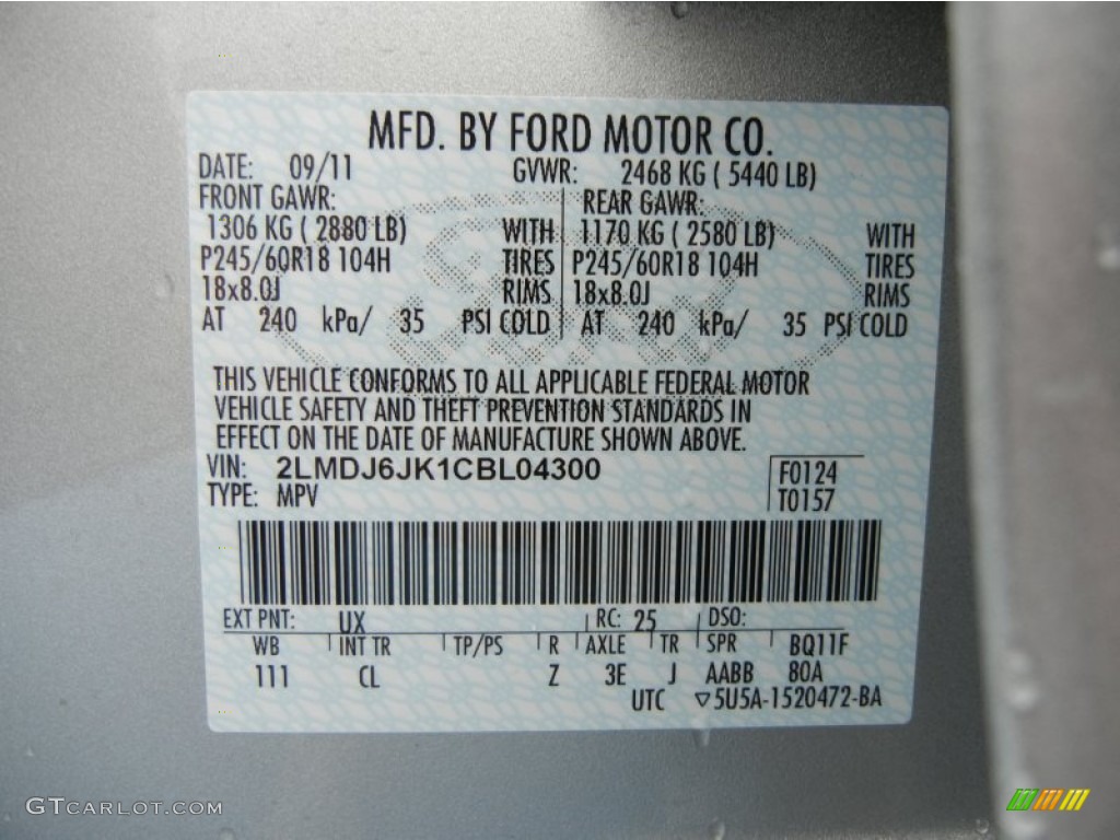 2012 MKX Color Code UX for Ingot Silver Metallic Photo #56714198