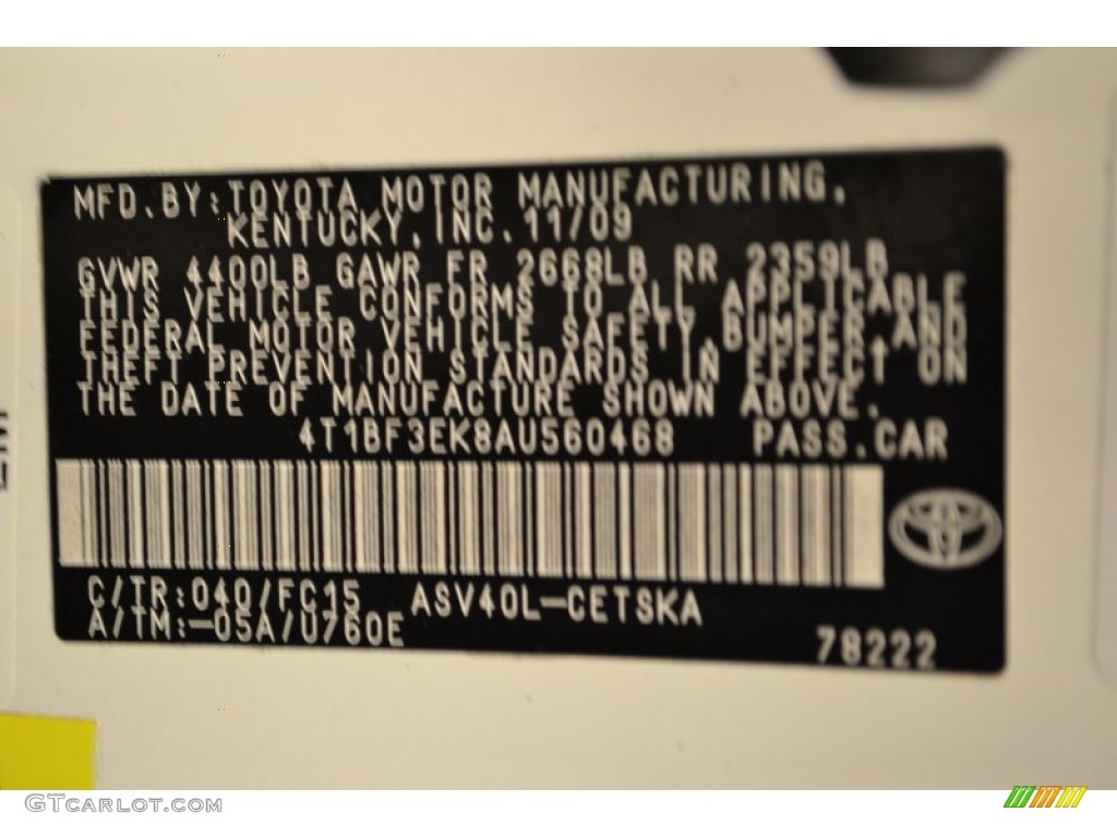 2010 Camry Color Code 040 for Super White Photo #56720507