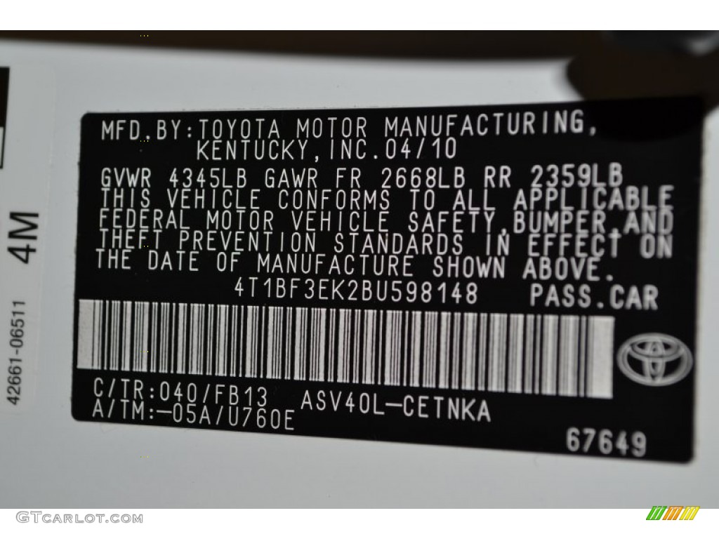 2011 Camry Color Code 040 for Super White Photo #56720648