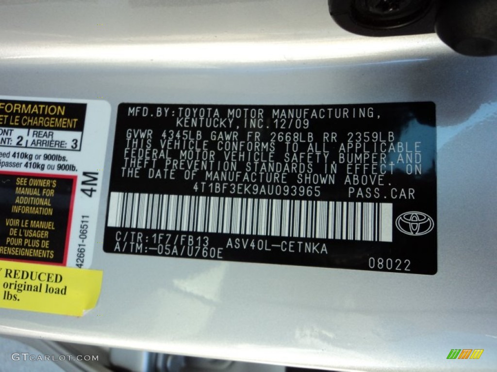 2010 Camry Color Code 1F7 for Classic Silver Metallic Photo #56721386