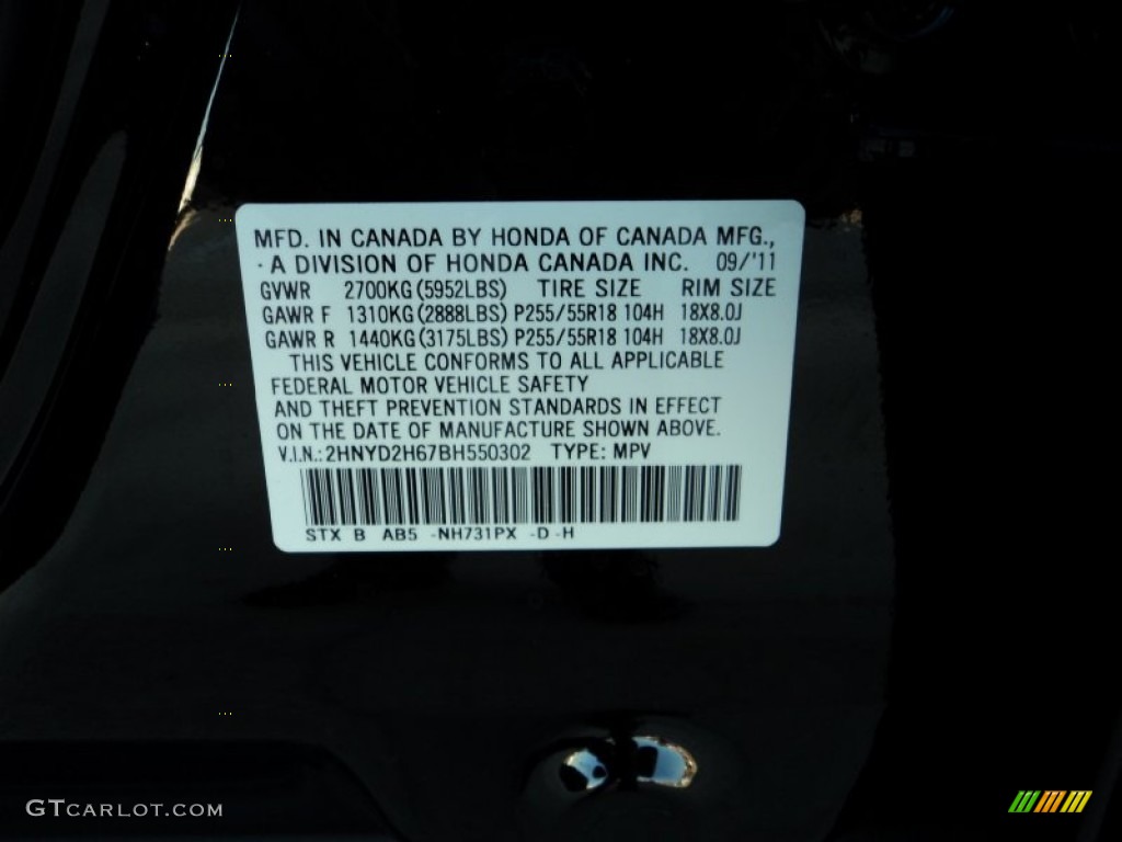 2011 MDX Color Code NH731PX for Crystal Black Pearl Photo #56722613