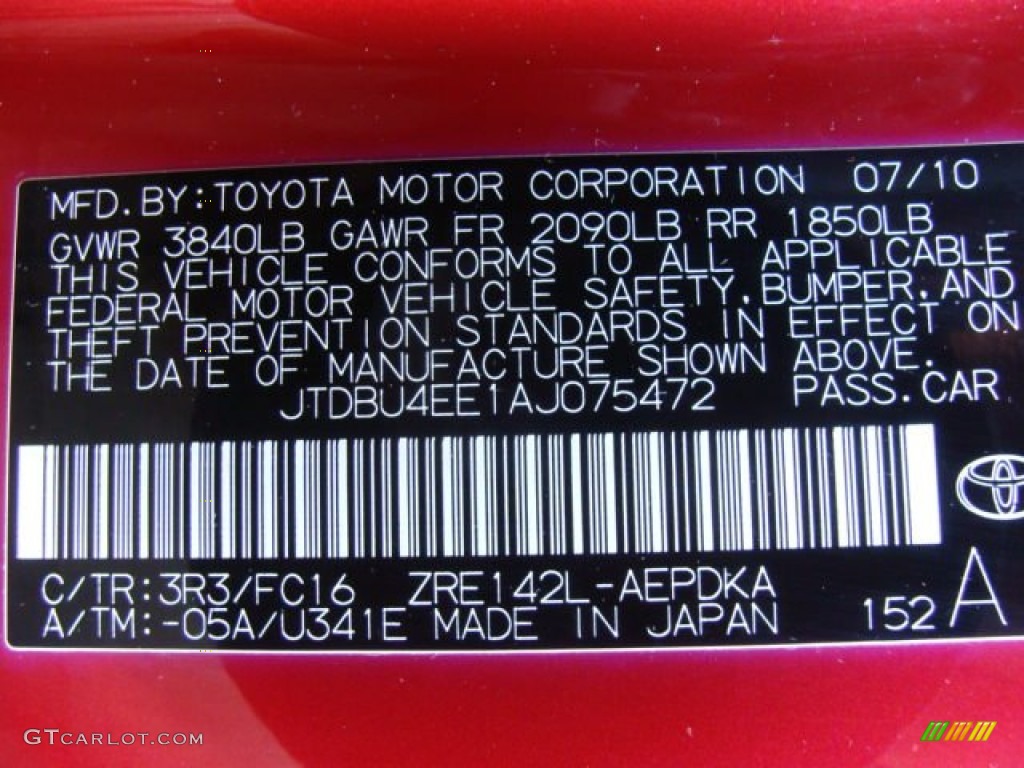 2010 Corolla Color Code 3R3 for Barcelona Red Metallic Photo #56741007
