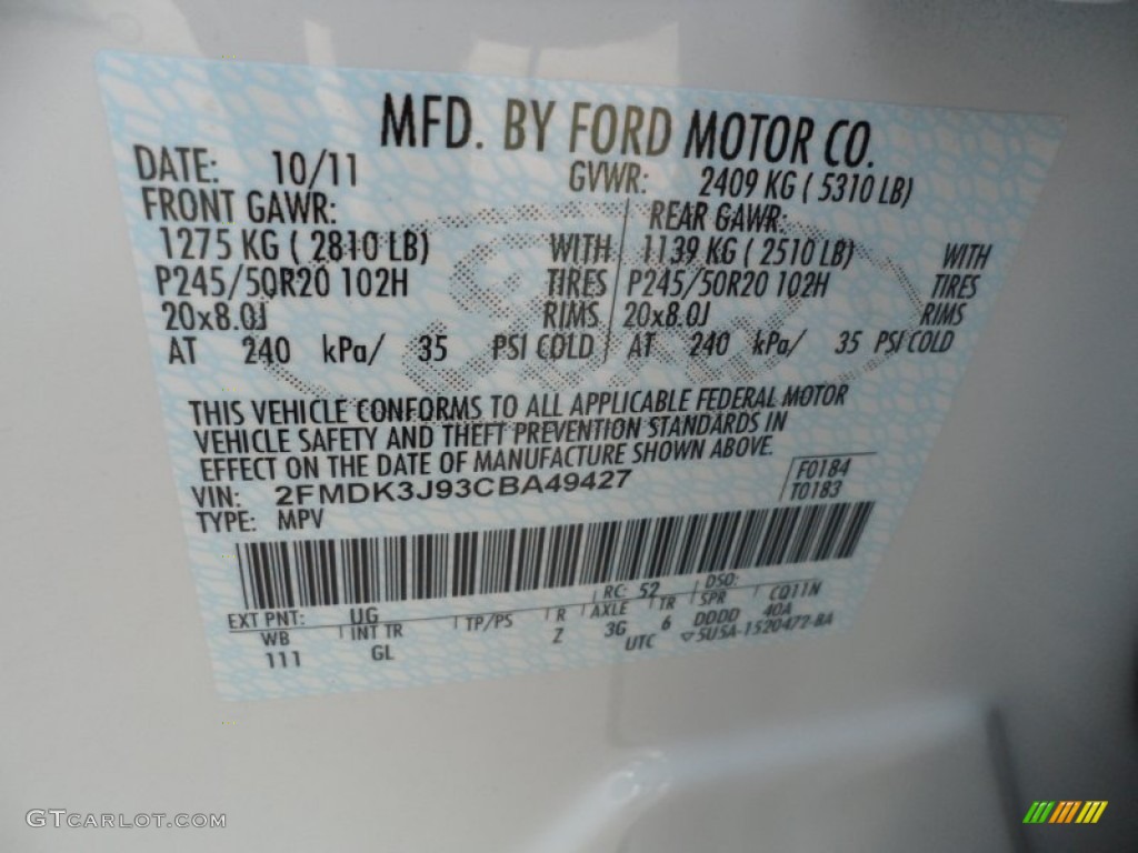2012 Edge Color Code UG for White Platinum Metallic Tri-Coat Photo #56746950