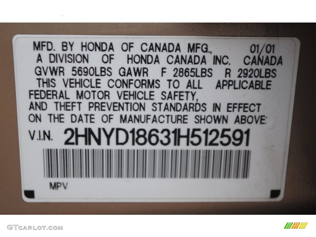 2001 Acura MDX Standard MDX Model Info Tag Photo #56753231
