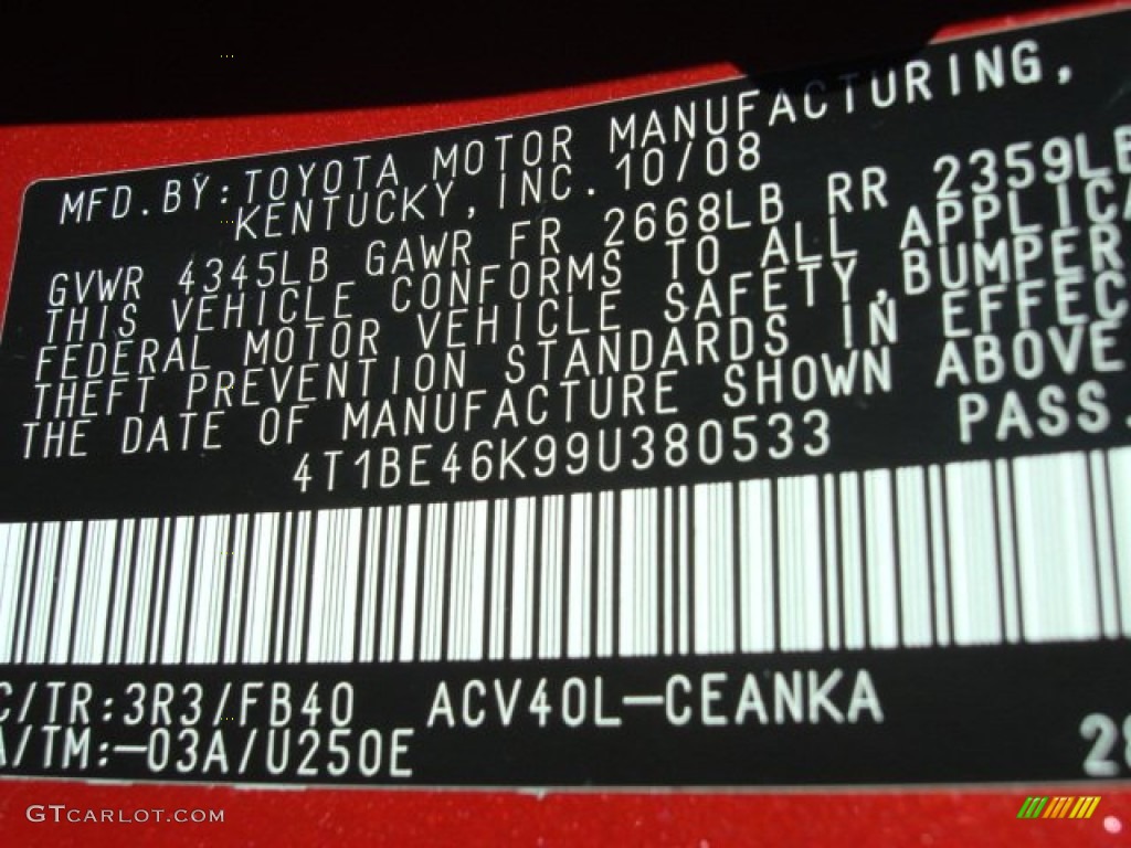 2009 Camry Color Code 3R3 for Barcelona Red Metallic Photo #56765205