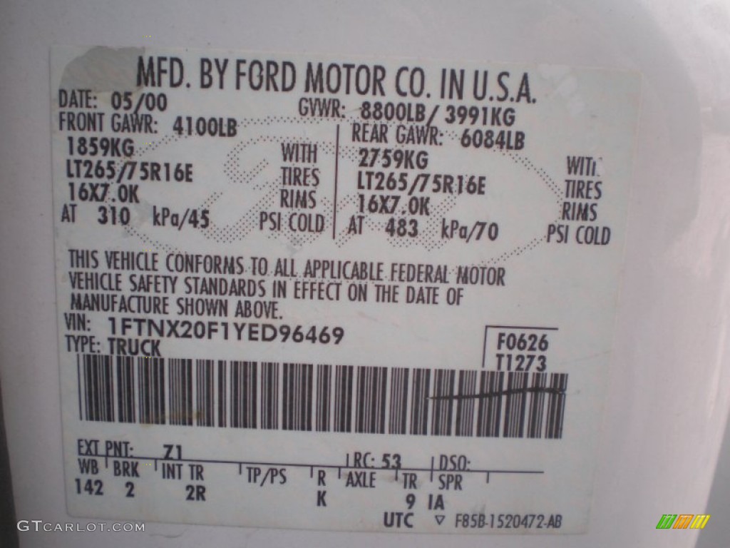 2000 F250 Super Duty Color Code Z1 for Oxford White Photo #56769701