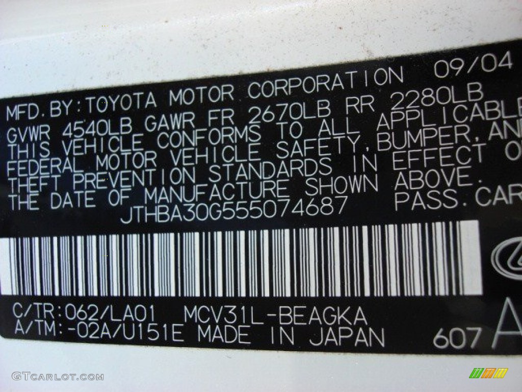 2005 ES Color Code 062 for Crystal White Photo #56771607