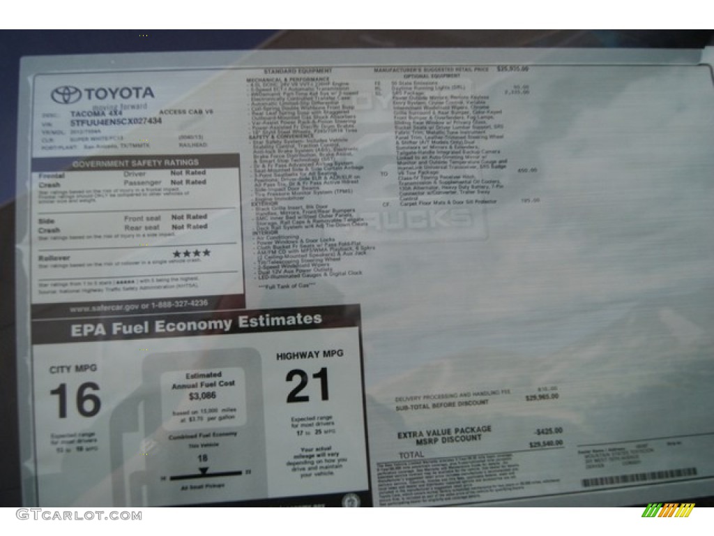 2012 Toyota Tacoma V6 SR5 Access Cab 4x4 Window Sticker Photo #56777295