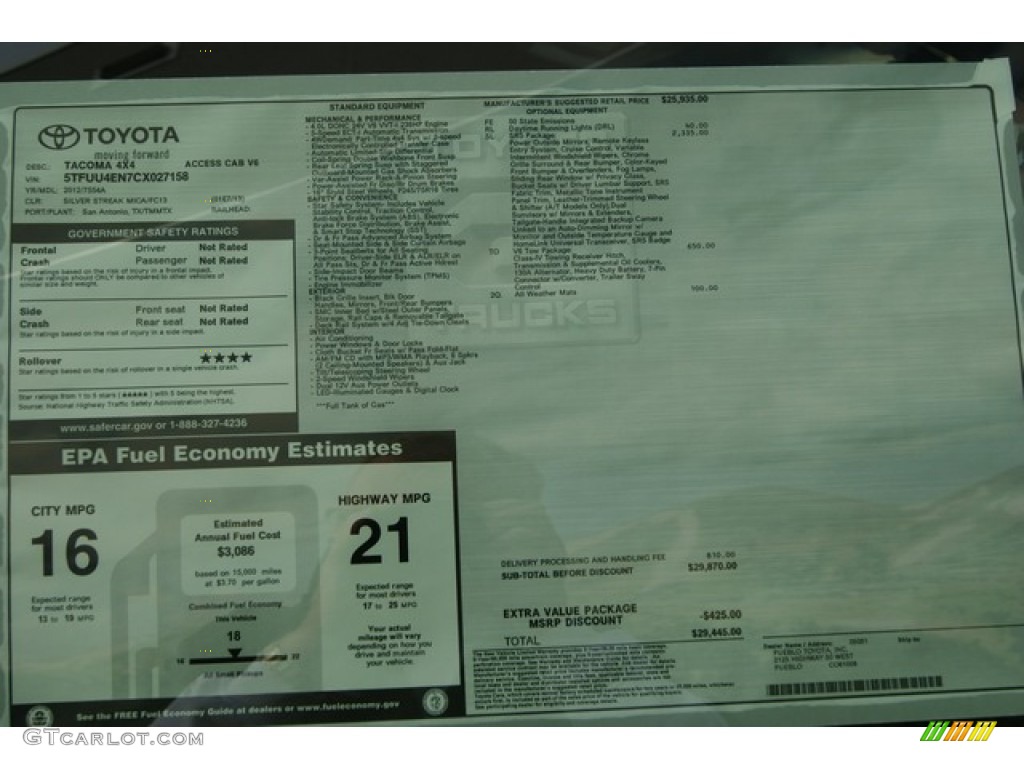 2012 Toyota Tacoma V6 SR5 Access Cab 4x4 Window Sticker Photo #56777431