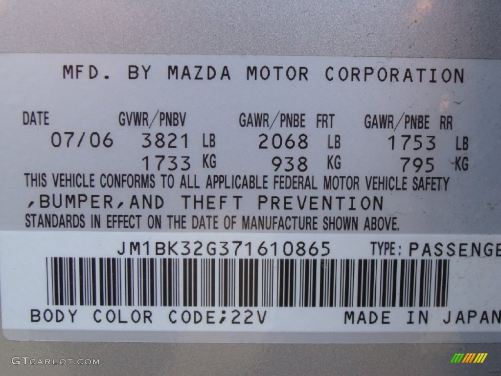 2007 MAZDA3 Color Code 22V for Sunlight Silver Metallic Photo #56788861