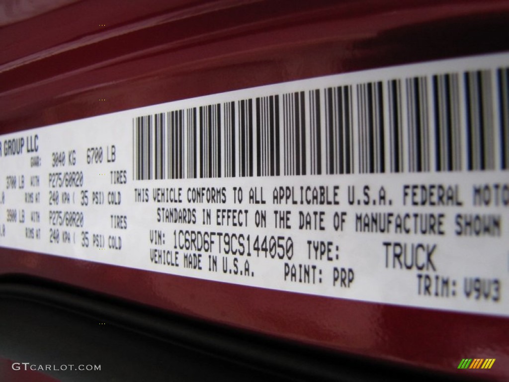 2012 Ram 1500 Color Code PRP for Deep Cherry Red Crystal Pearl Photo #56790753