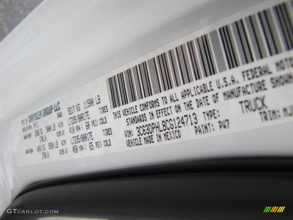2012 Ram 3500 HD Color Code PW7 for Bright White Photo #56791683