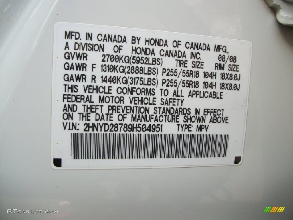 2009 Acura MDX Standard MDX Model Info Tag Photo #56795487